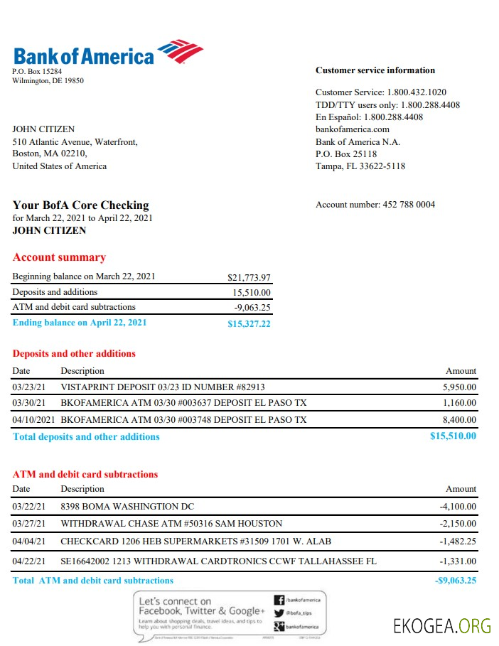 Modèle de relevé bancaire USA Bank of America au format Excel et PDF, version 4 template